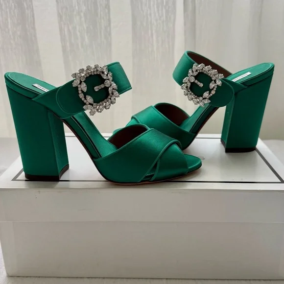 Tabitha Simmons Reyner Emerald Satin Crystal Buckle Block Heels Size 8 NWT RARE - Picture 6 of 16